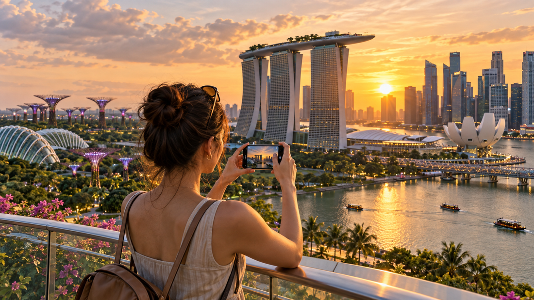 Traveler photographing the Singapore Marina Bay skyline at sunset