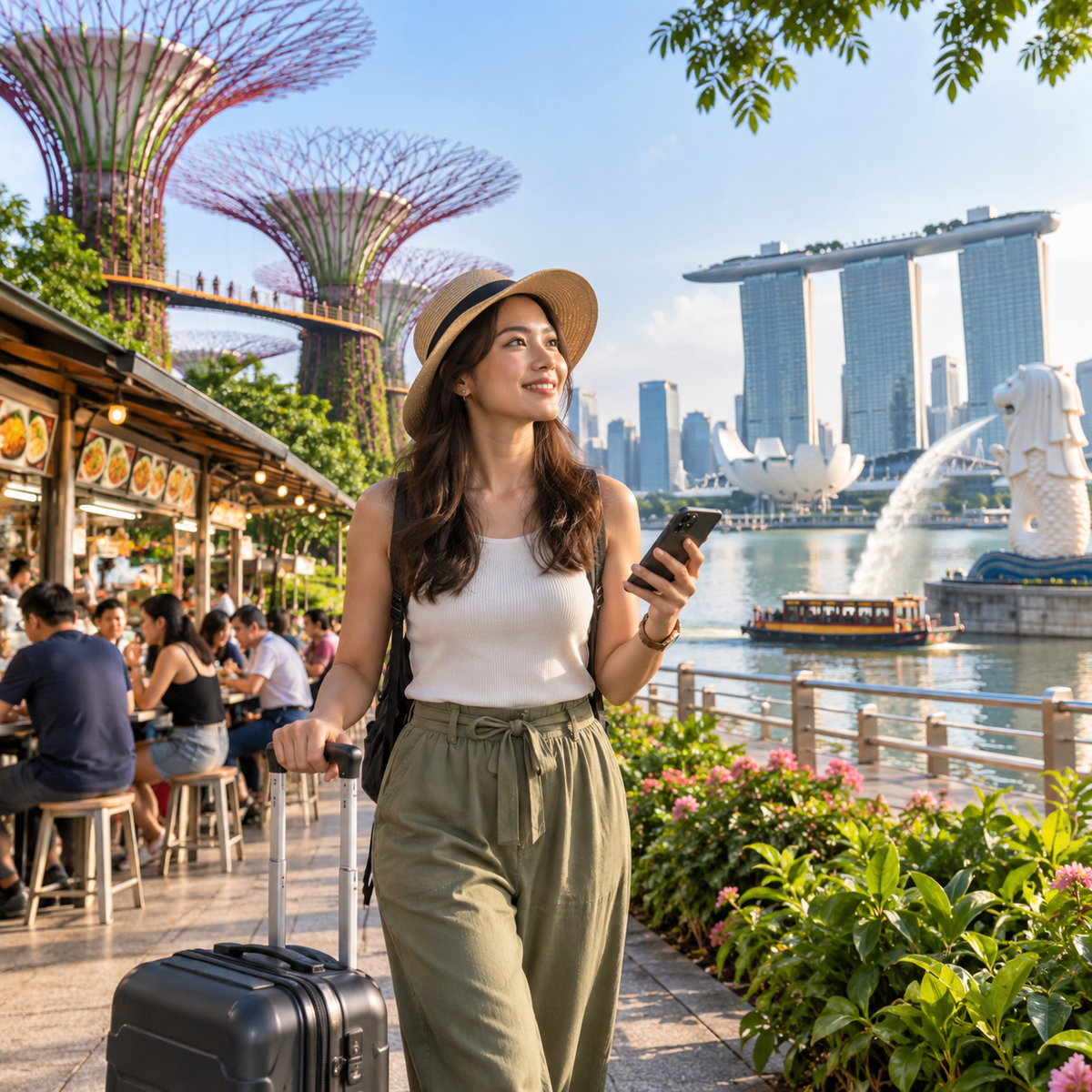 Traveler with smartphone and luggage visiting Singapore landmarks