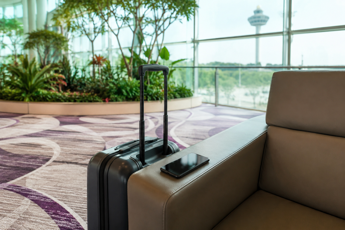 Illustration of a suitcase and smartphone in a bright airport lounge inspired by Changi.