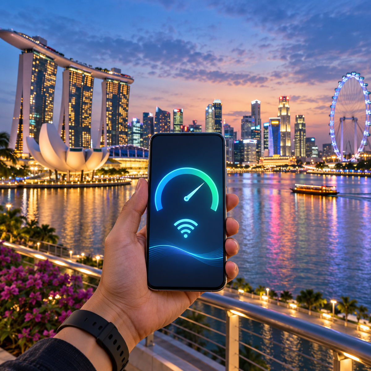 Singapore skyline and smartphone illustrating unlimited eSIM speed