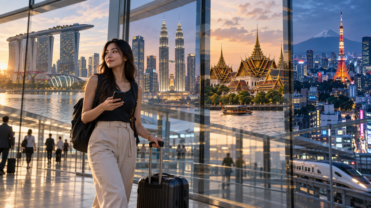 Traveler in an airport with views representing a multi-country Asia itinerary