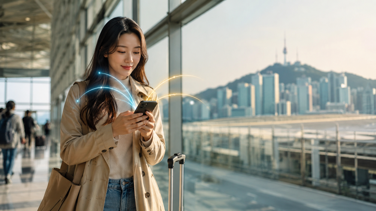 Traveler connecting after arriving in South Korea