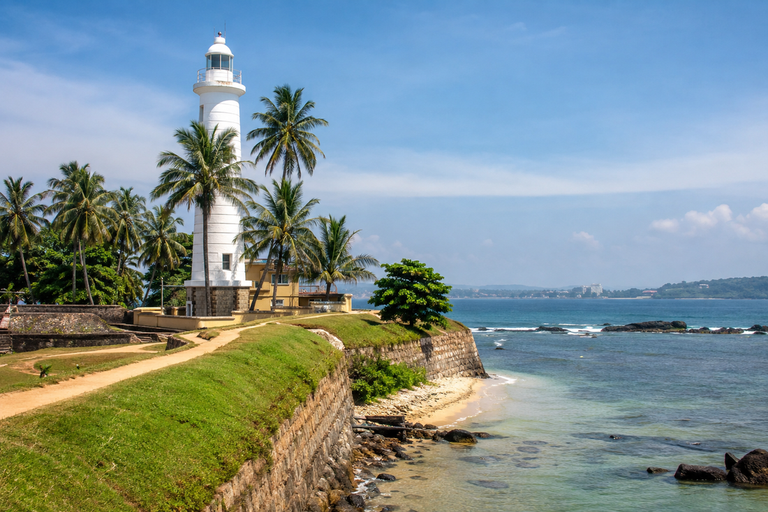Illustrative Galle lighthouse and coastal ramparts in bright daylight