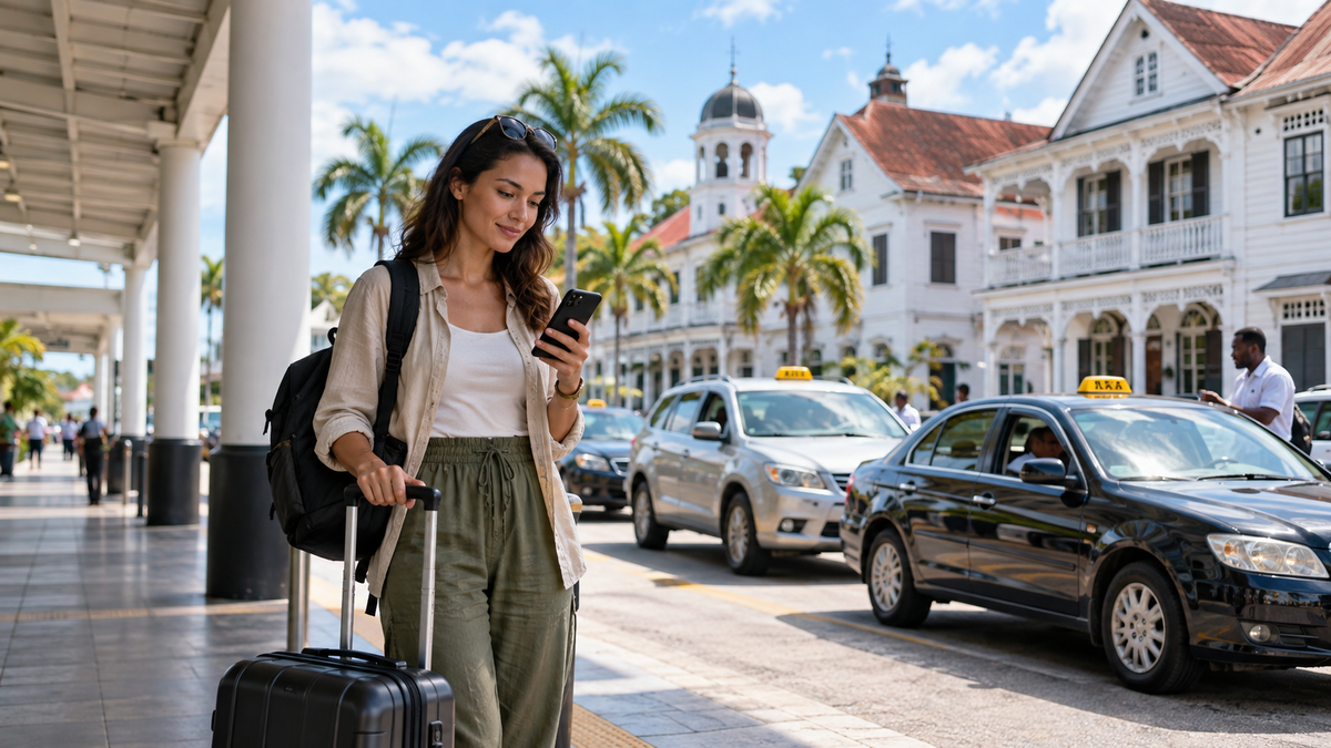 Traveler using a smartphone after arriving in Paramaribo