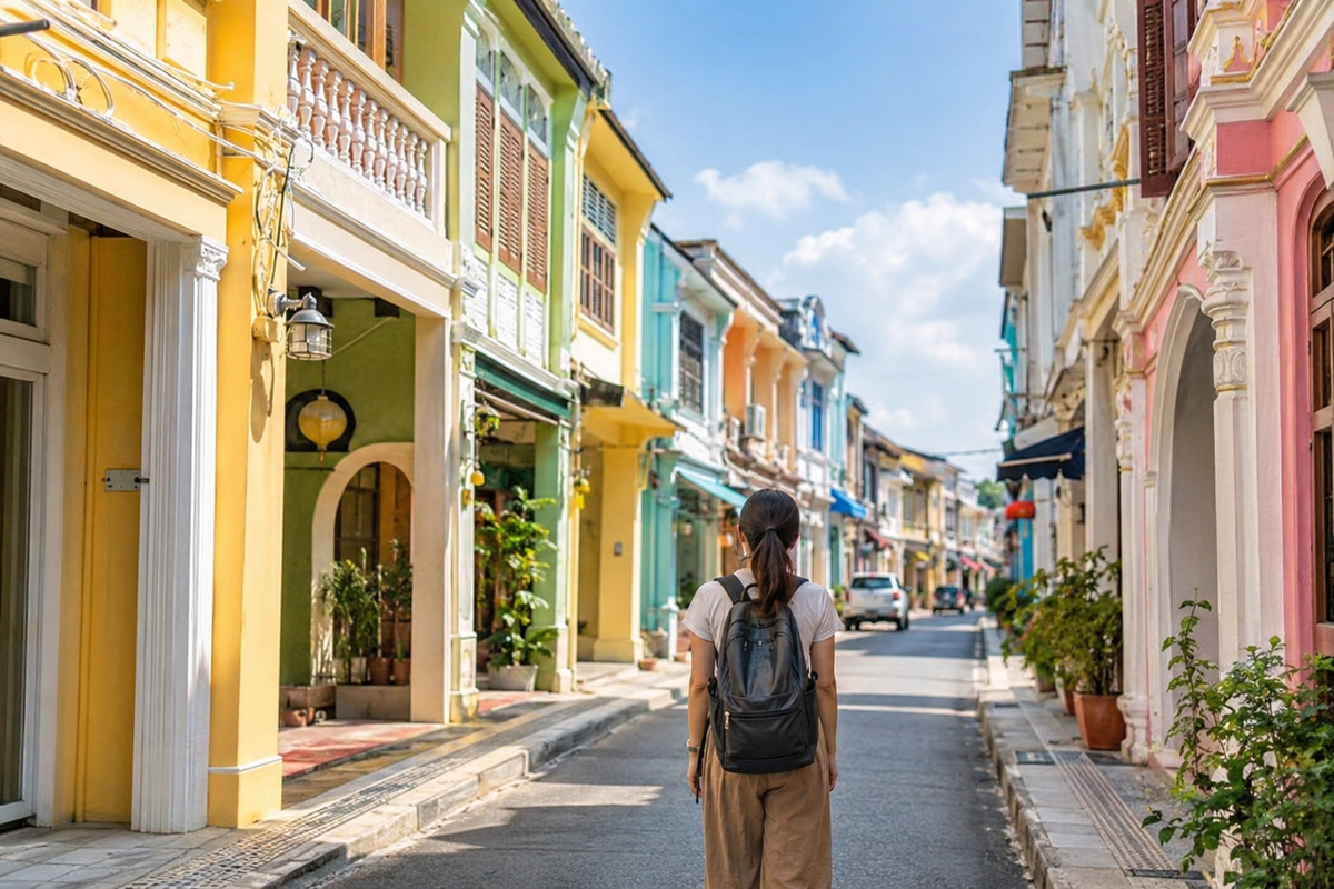 Illustration of a traveler walking past colorful shophouses in Phuket old town.