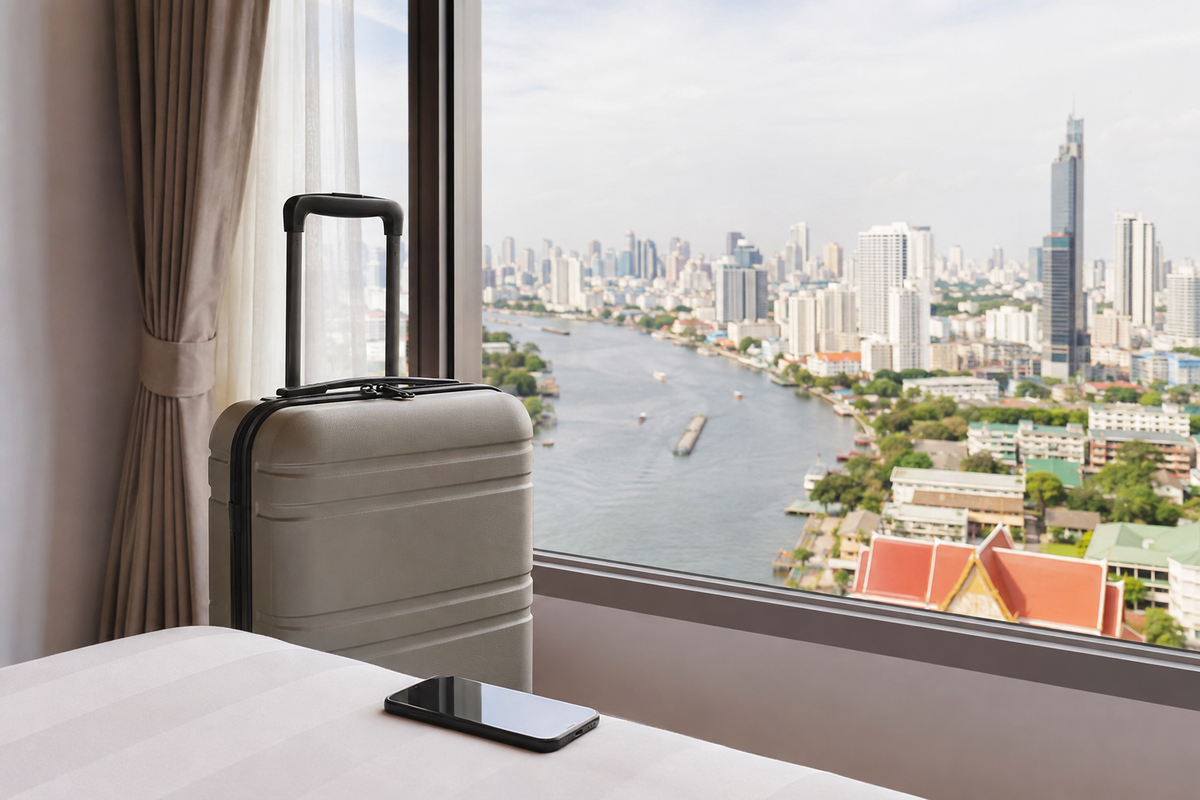 Illustration of a suitcase and smartphone by a window overlooking Bangkok's river and skyline.