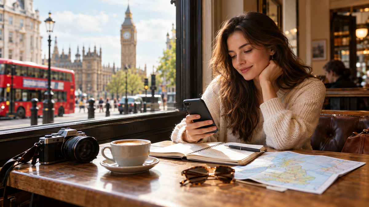 Traveler planning a 30-day United Kingdom trip in a London cafe