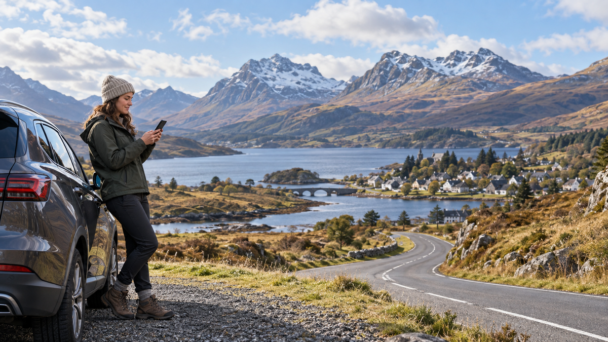 Traveler checking a smartphone beside a car in the Scottish Highlands