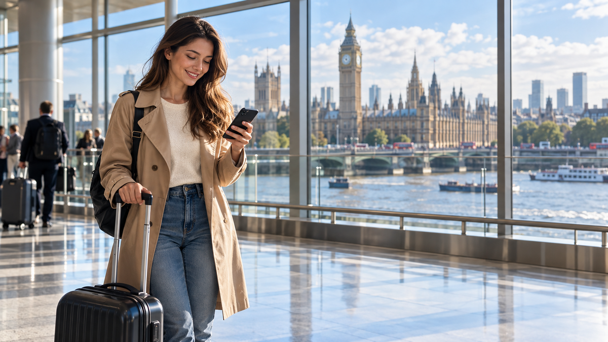 Traveler using a smartphone after arriving in London