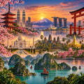 Asia eSIM for 16 countries travel data plan — Japan temple, Mount Fuji, Singapore skyline, Taj Mahal, Angkor Wat and Ha Long Bay