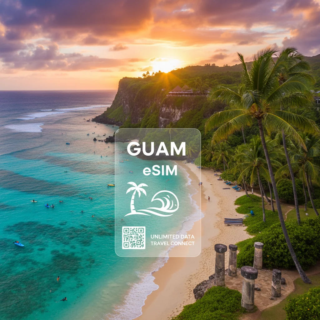 International roaming eSIM for Guam, compatible with local networks, includes QR code for quick activation.